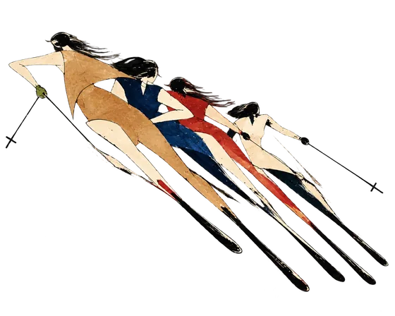 Four elongated skiers descending together, illustrated in textured ivory, camel, navy and red.